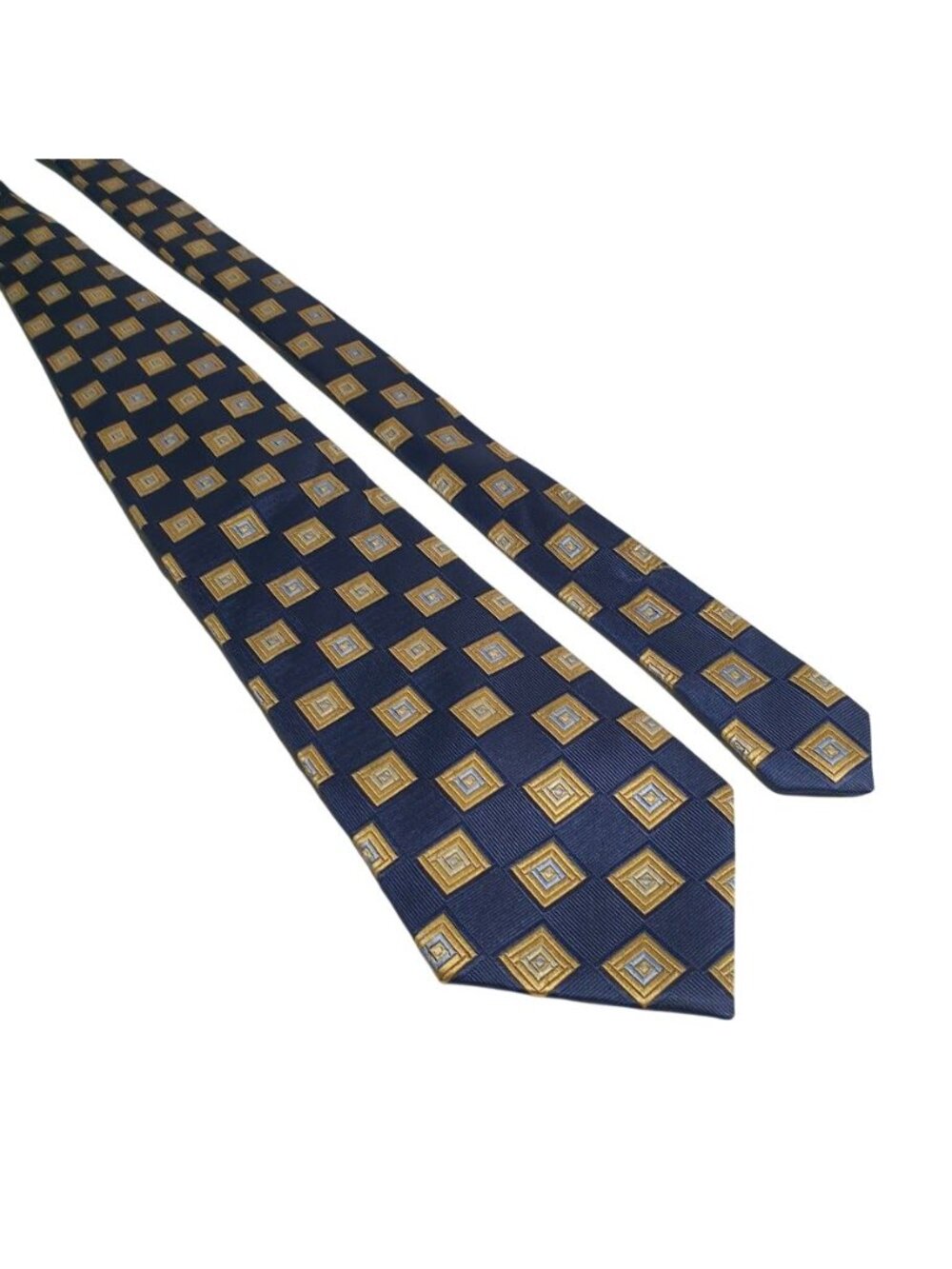 Oleg Cassini Mens Geometric Print Navy Gold Tone Silk Necktie Wide Classic Gift